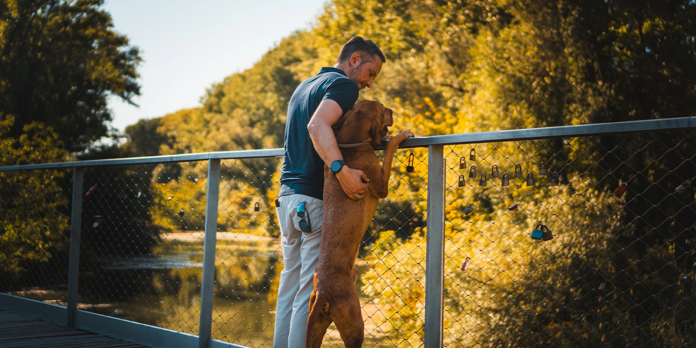 500x1000_web_Hubinger_MOB01 Versicherungsmakler Hubinger im blauen T-Shirt steht lächelnd auf einer Brücke mit seinem Hund.
